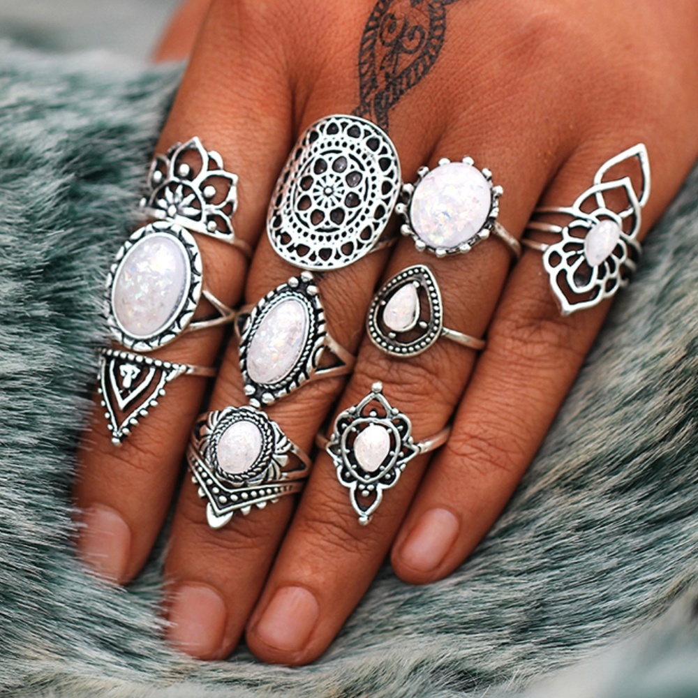 RS10| 11PCS Silver Toned White Stone Ring Set